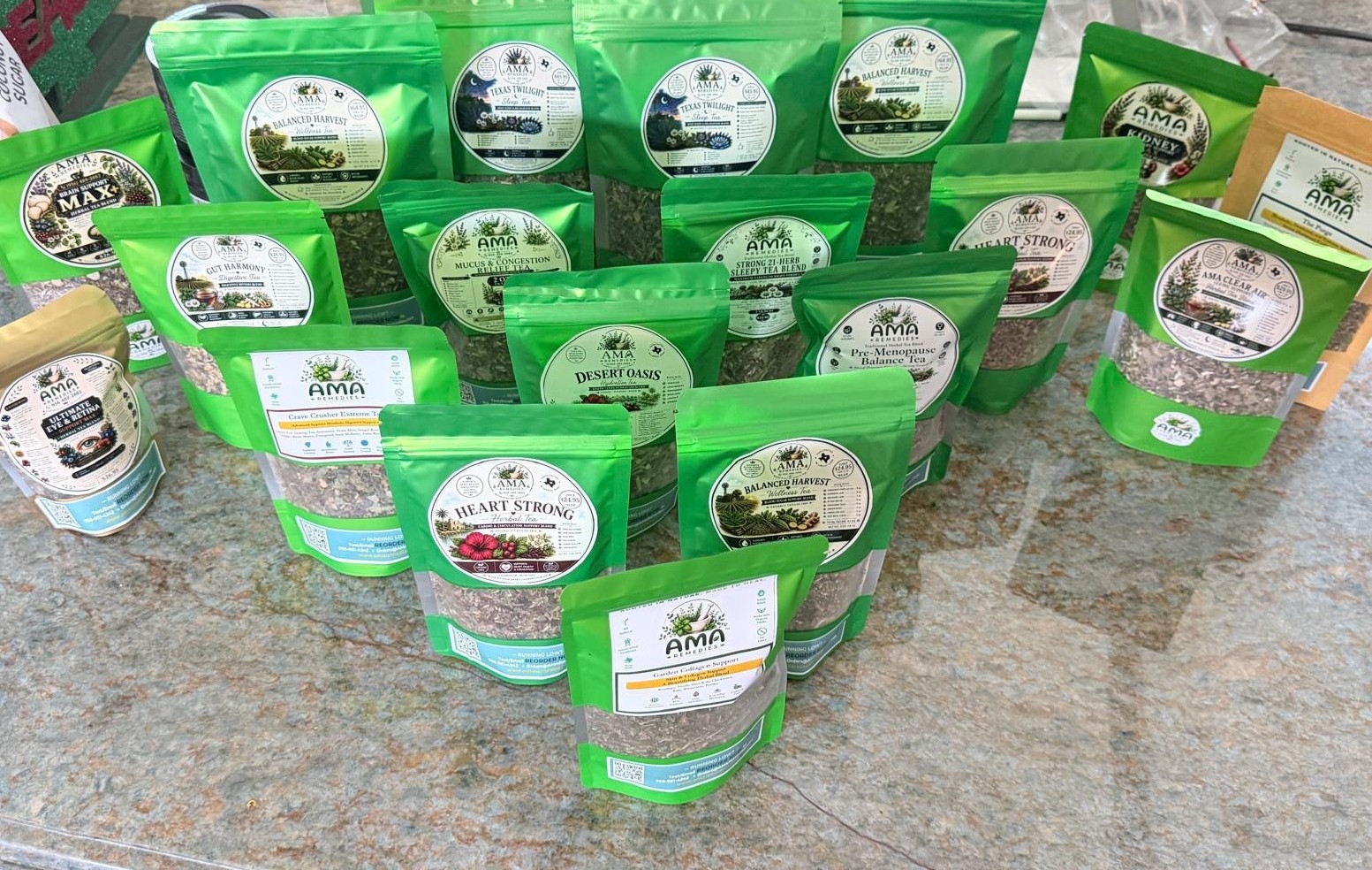 AMA Remedies handcrafted loose-leaf herbal tea collection packed and ready for the event