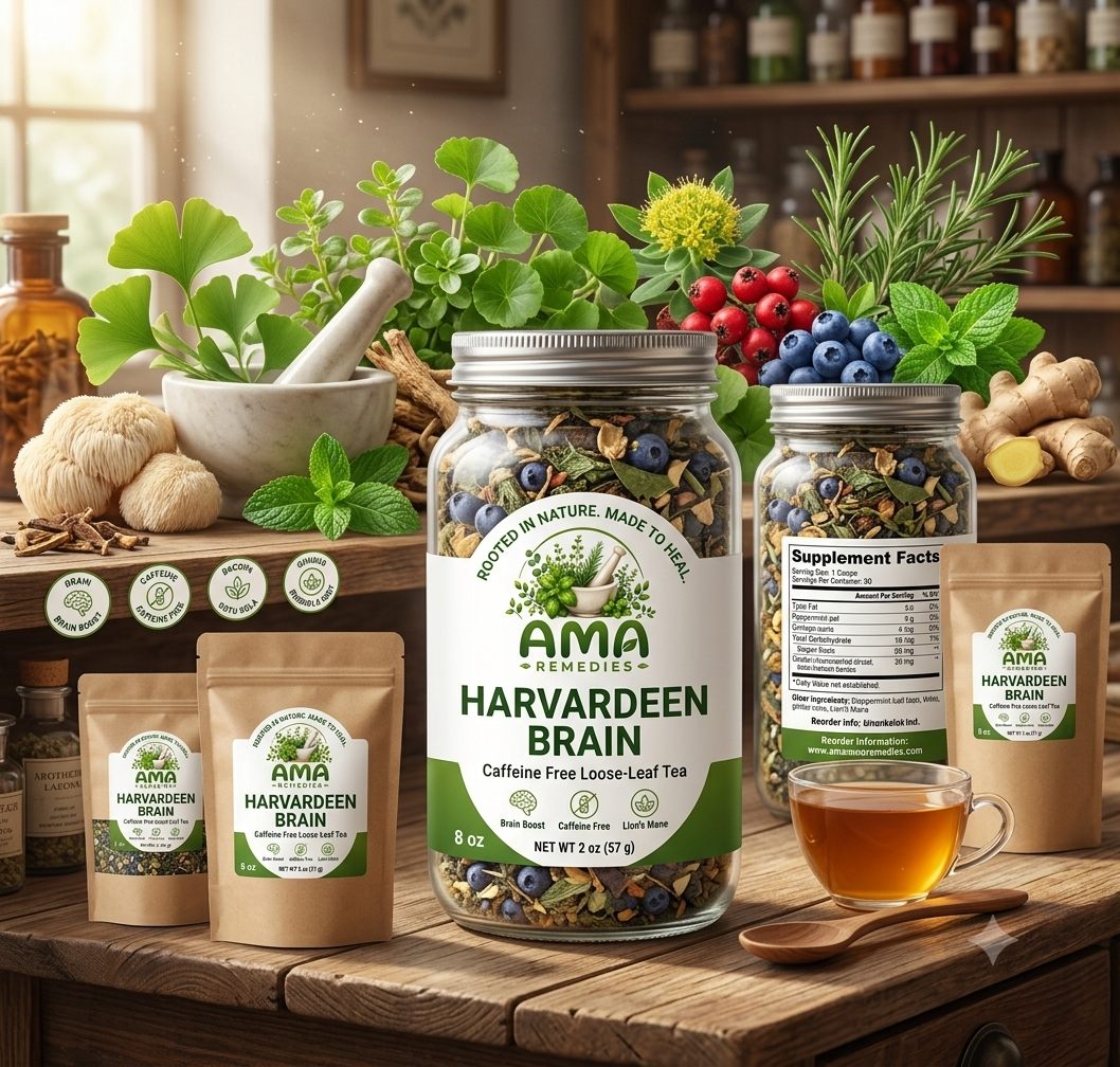 Harvardeen Brain loose-leaf tea in an apothecary setting with botanicals