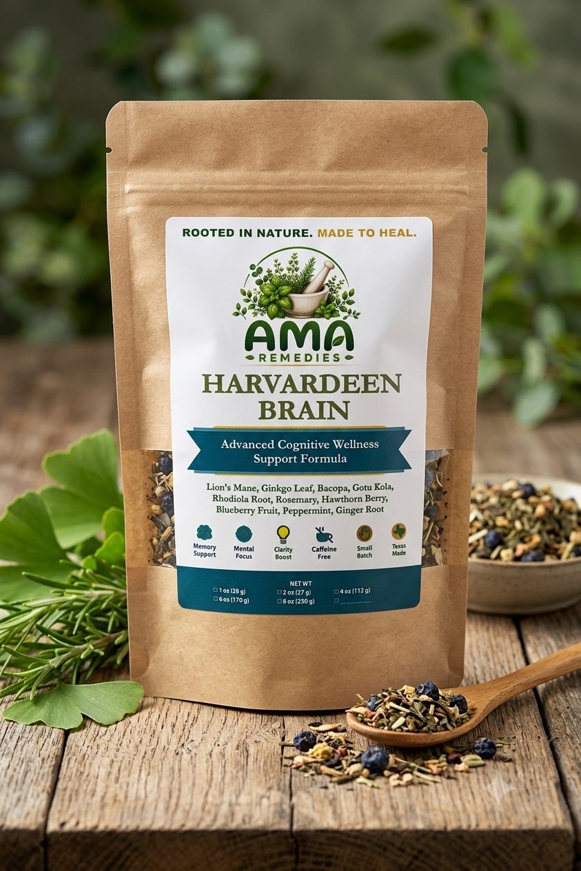 Harvardeen Brain kraft pouch on a rustic wooden table with fresh botanicals