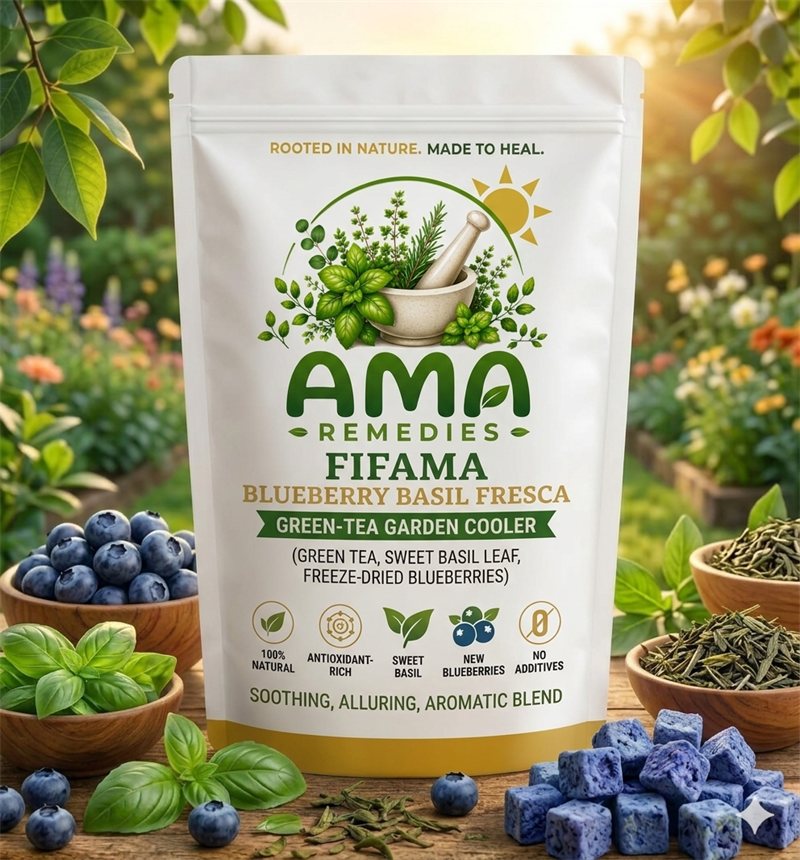 AMA Remedies Fifama — Blueberry Basil Fresca · Green-Tea Garden Cooler, freeze-dried-fruit iced tea