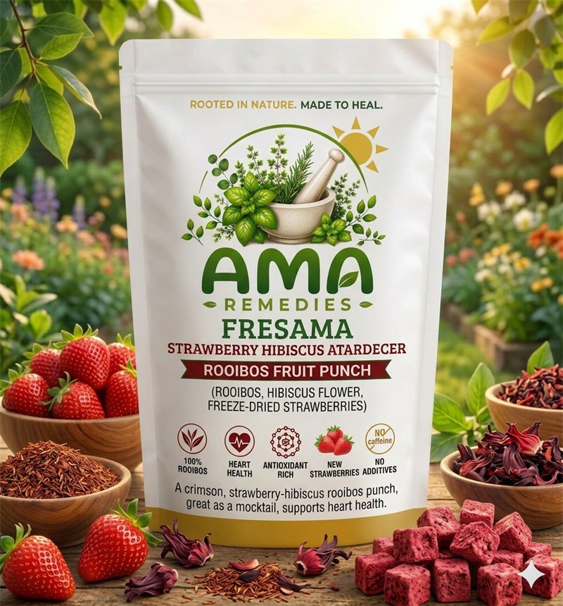 AMA Remedies Fresama — Strawberry Hibiscus Atardecer · Caffeine-Free Rooibos Fruit Punch, freeze-dried-fruit iced tea