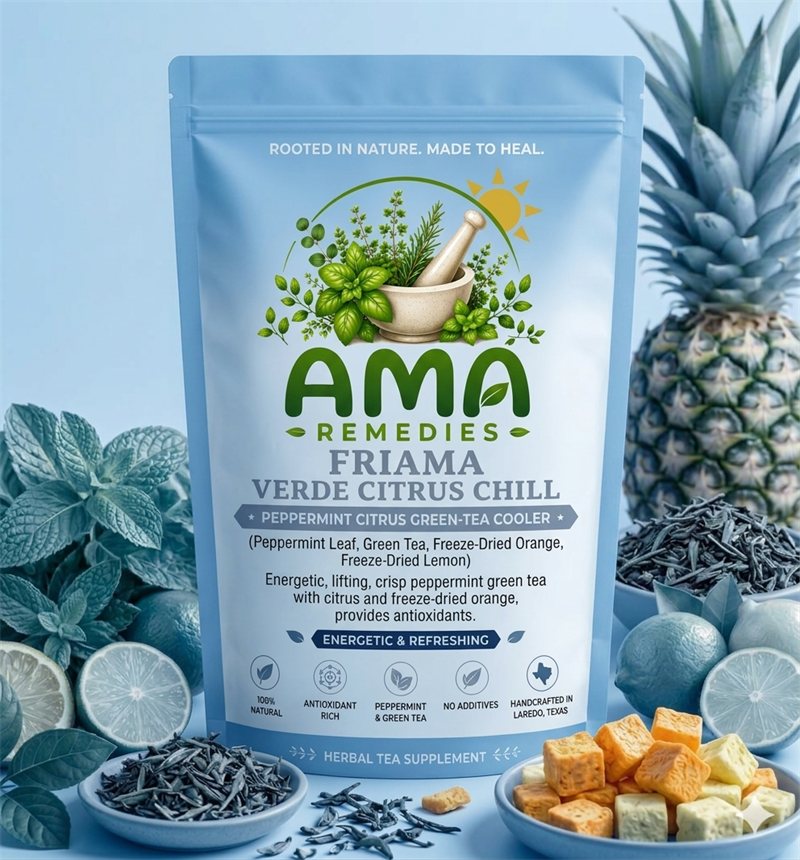 AMA Remedies Friama — Verde Citrus Chill · Peppermint Citrus Green-Tea Cooler, freeze-dried-fruit iced tea