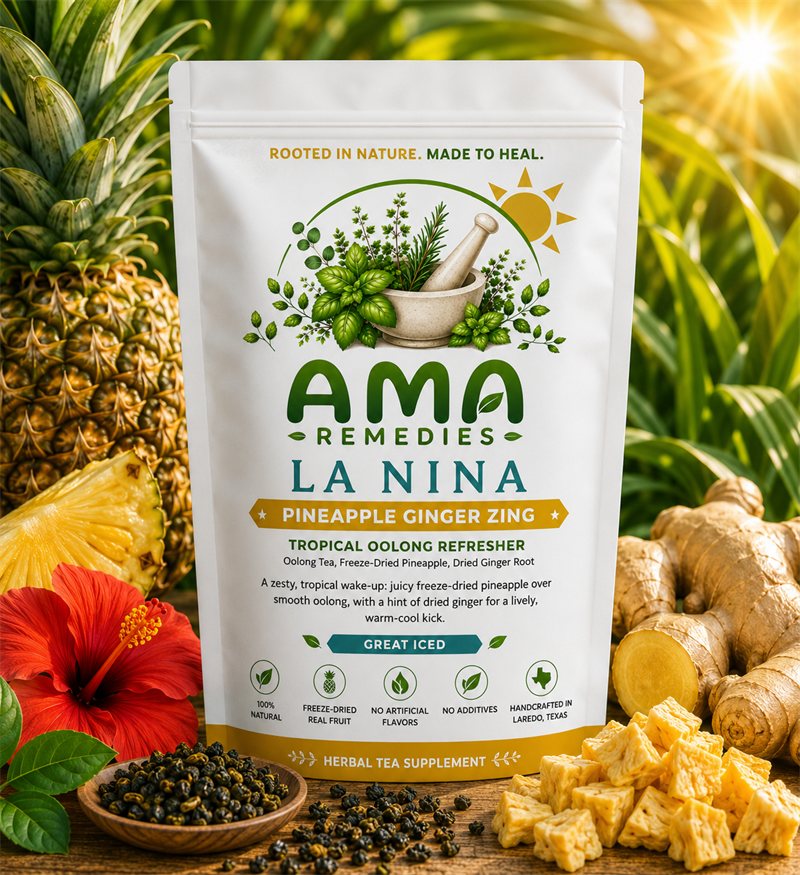 AMA Remedies La Nina — Pineapple Ginger Zing · Tropical Oolong Refresher, freeze-dried-fruit iced tea