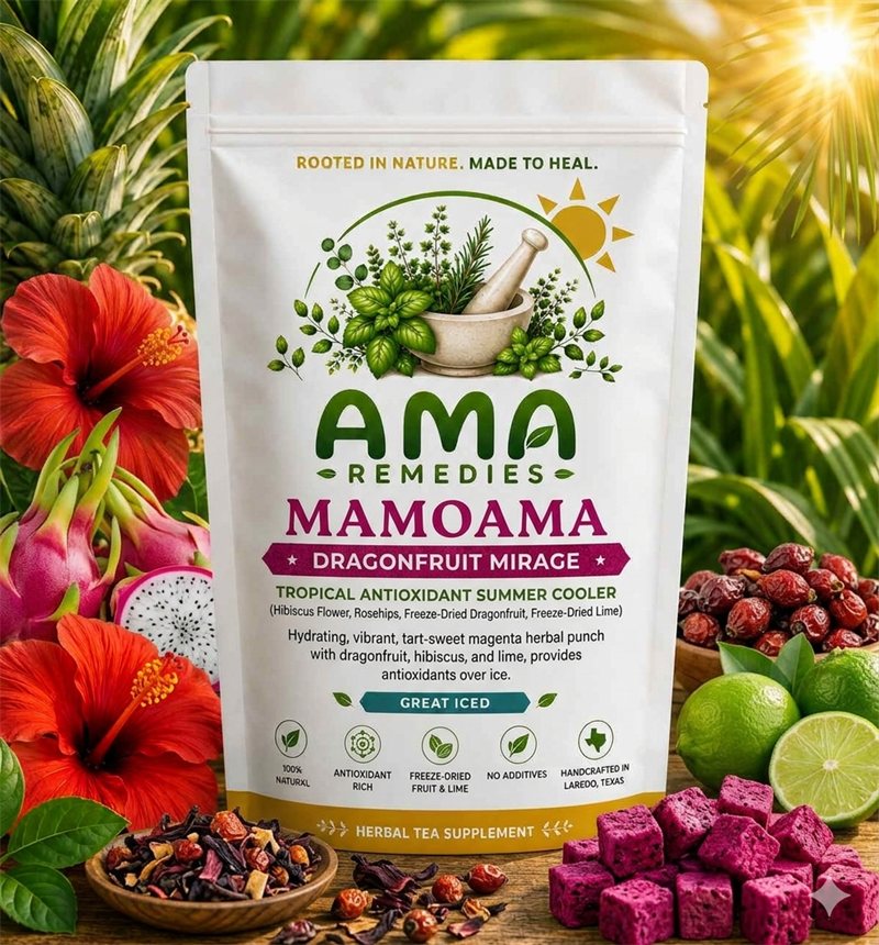 AMA Remedies Mamoama — Dragonfruit Mirage · Tropical Antioxidant Summer, freeze-dried-fruit iced tea