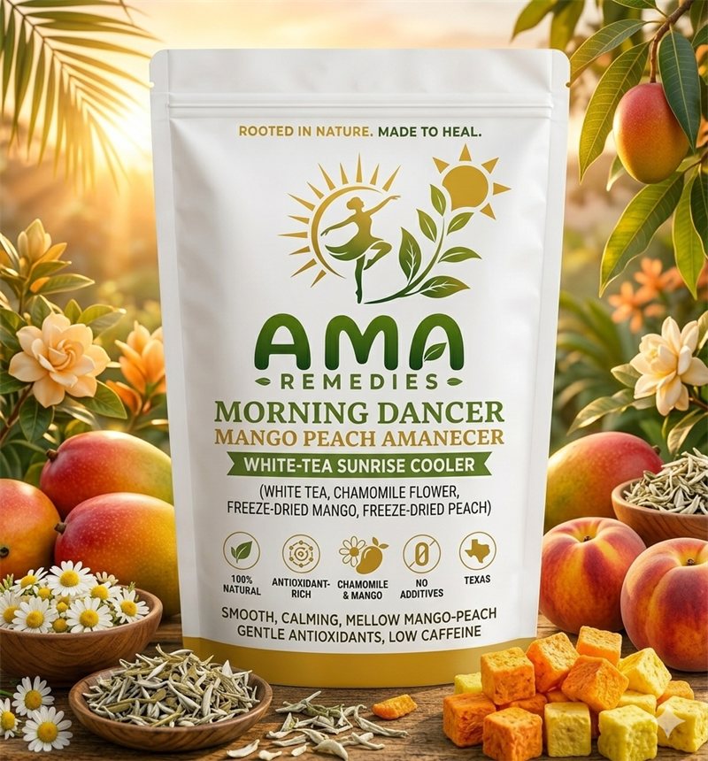 AMA Remedies Morning Dancer — Mango Peach Amanecer · White-Tea Sunrise, freeze-dried-fruit iced tea